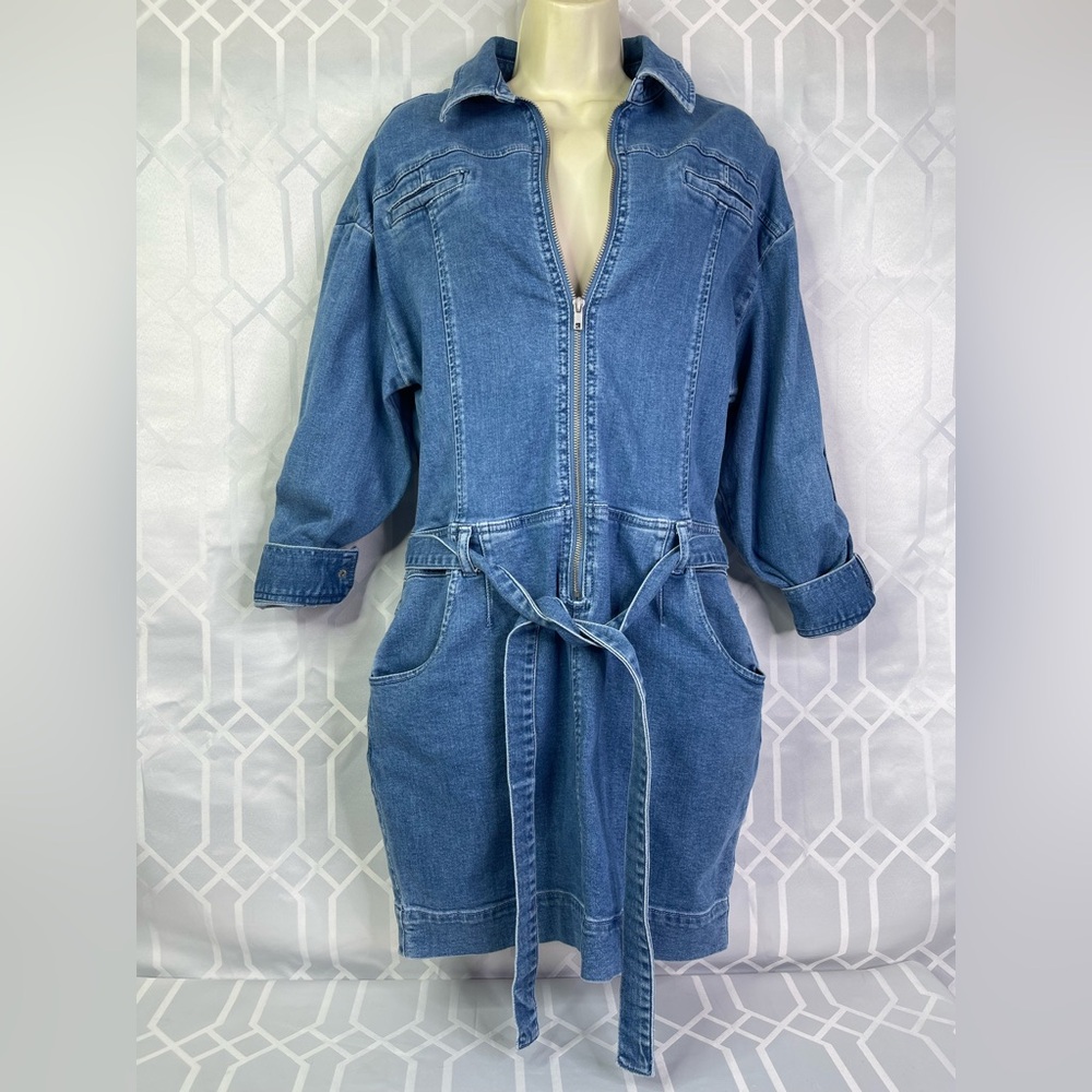 Denim Zip-Front Shirt Dress with Tie Waist